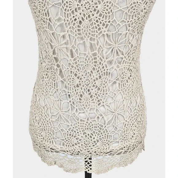 Y2K Formal Fairy Core Tunic/Dress Sm Goldish Cream Crochet Overlay Victorian - Picture 8 of 12